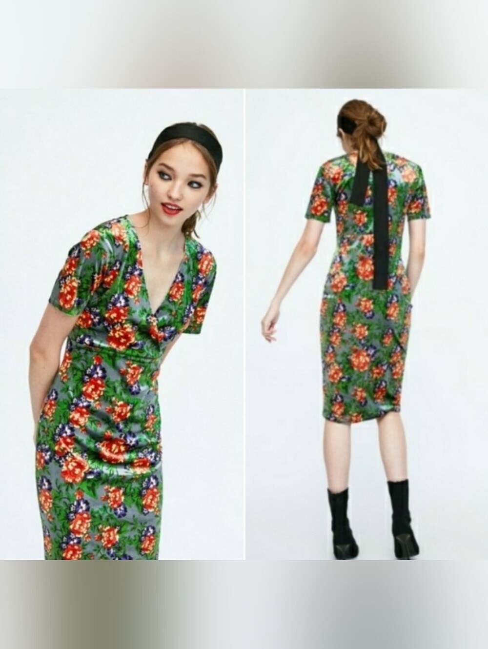 Zara Floral Velvet Midi Dress Sz S